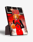 Personalized pet standing canvas featuring a dog in a red Toronto Rapdogs basketball jersey holding a ball.