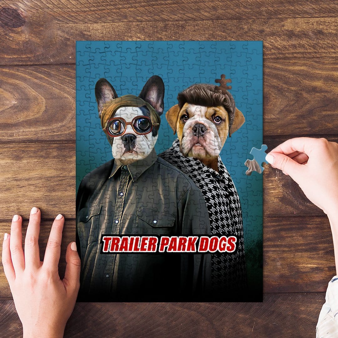 Personalized 2-pet puzzle featuring two dogs in "Trailer Park Dogs 2" style, on a wooden table.
