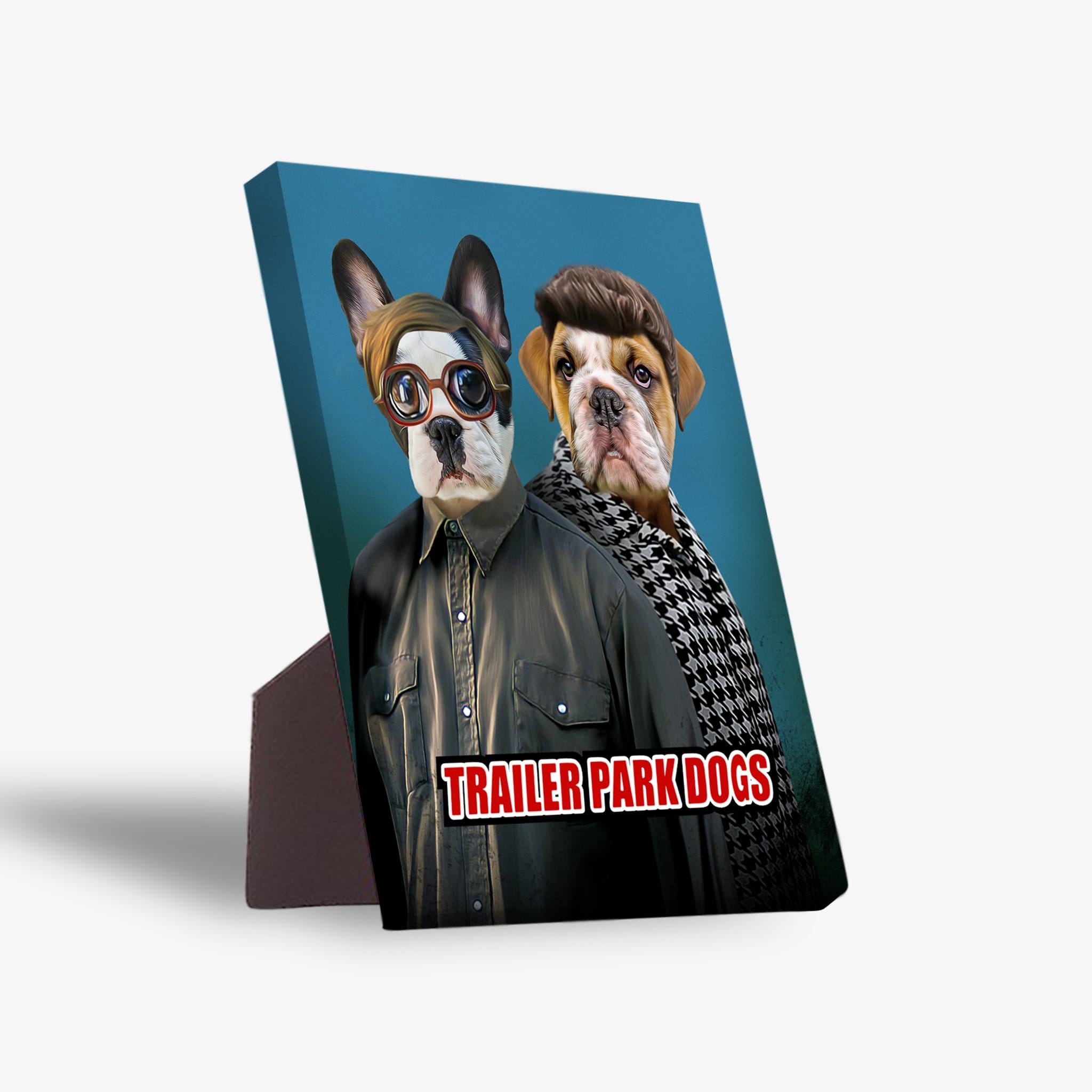 Personalized 'Trailer Park Dogs 2' standing canvas featuring two pets in human clothes against a blue background.