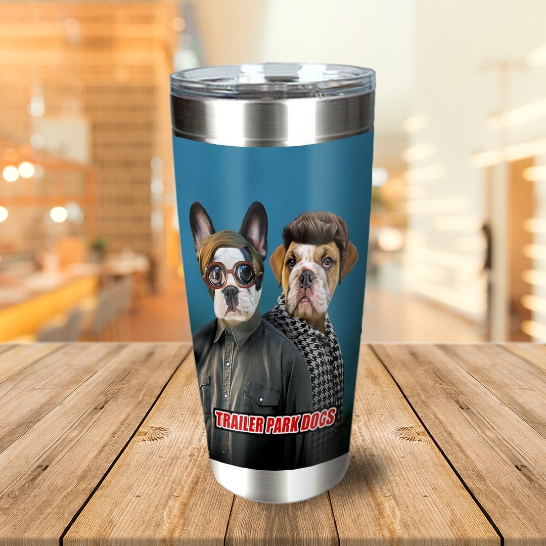 Personalized stainless steel tumbler with two dogs in "Trailer Park Dogs" cartoon style.