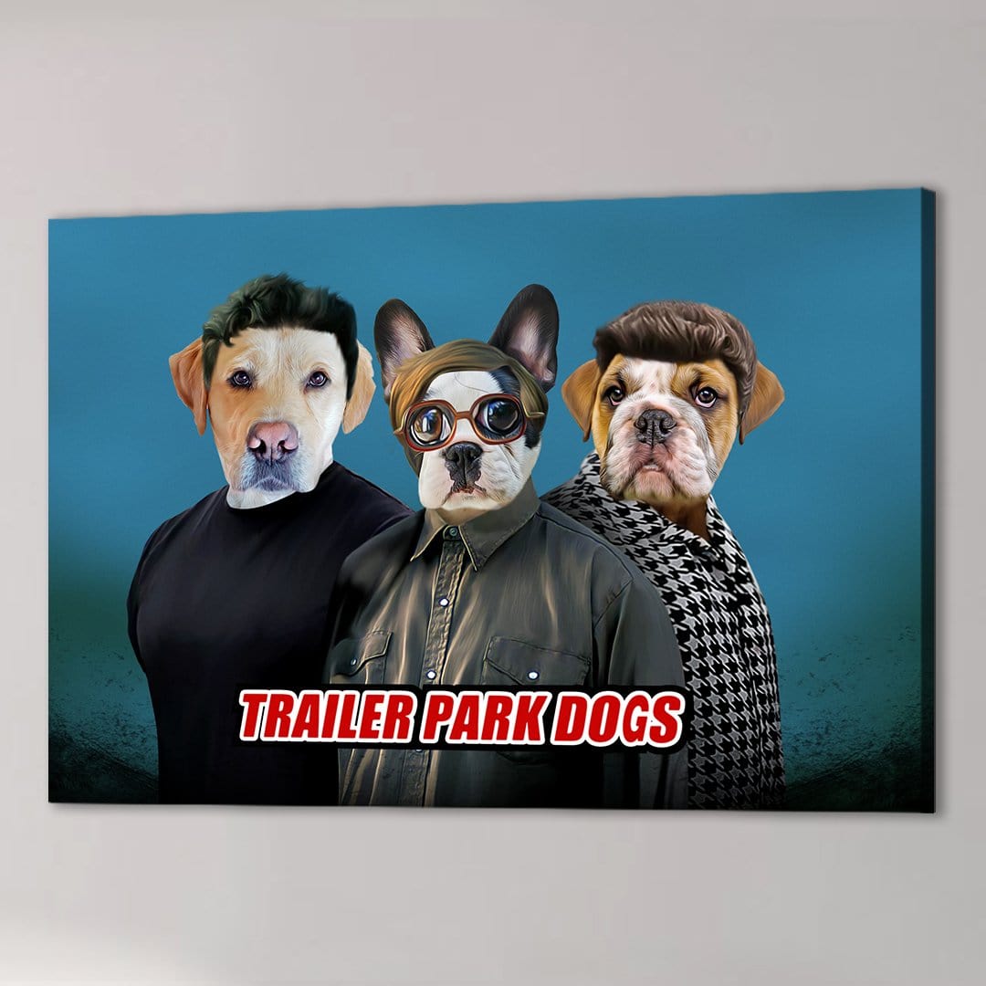 Personalized 'Trailer Park Dogs 3' canvas featuring three pets in human clothes on a blue background.