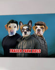 Personalized 'Trailer Park Dogs 3' canvas featuring three pets in human clothes on a blue background.