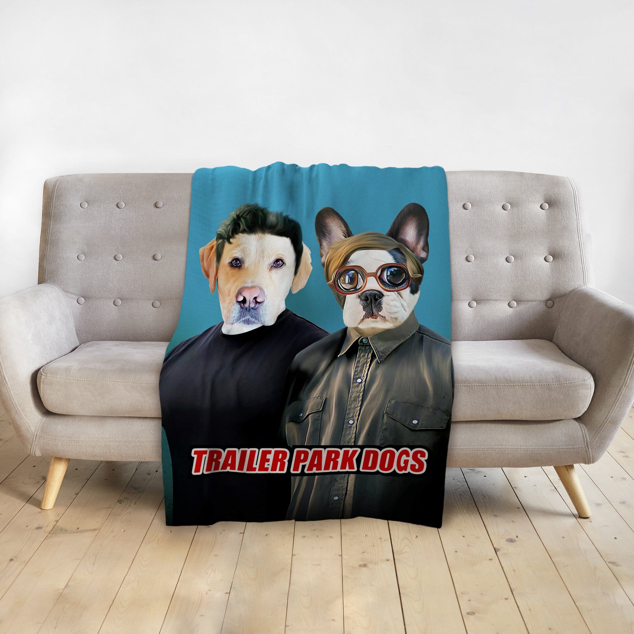 Personalized pet blanket with two dogs in "Trailer Park Dogs" renaissance-style portraits on a teal background.
