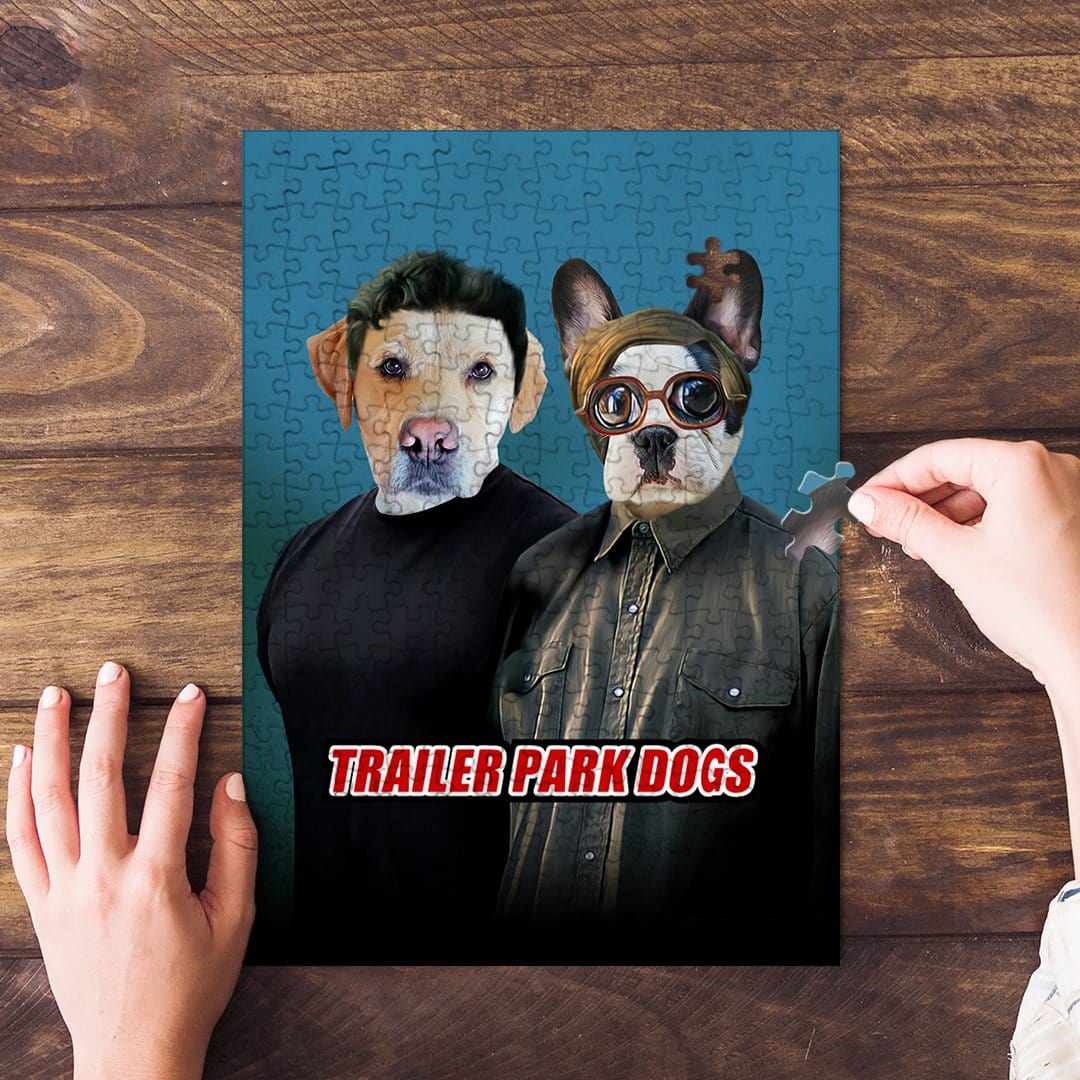 Custom personalized puzzle featuring two dogs in "Trailer Park Dogs" style on a blue background.