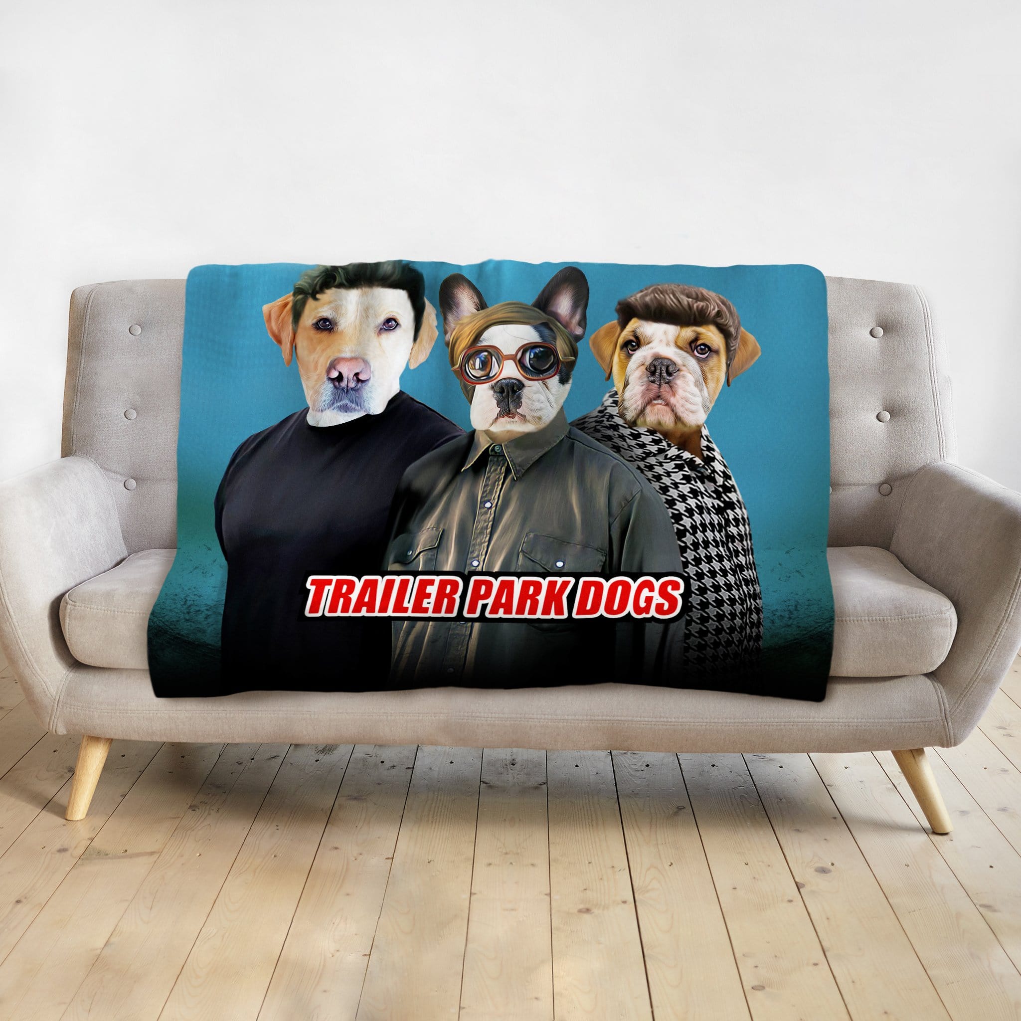 Personalized 3-pet blanket with dogs in "Trailer Park Dogs" renaissance portrait style.