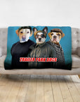 Personalized 3-pet blanket with dogs in "Trailer Park Dogs" renaissance portrait style.