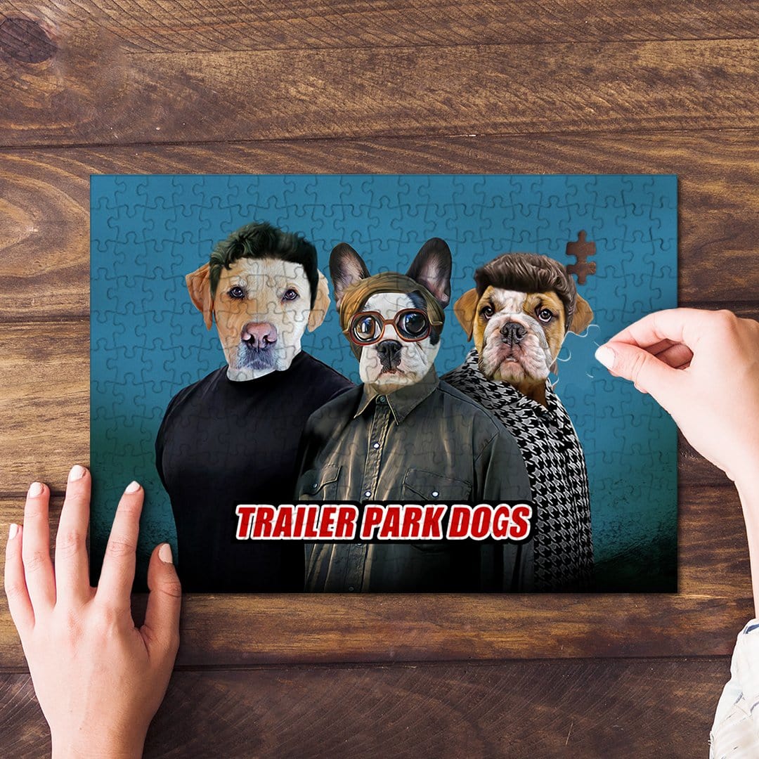 Personalized 'Trailer Park Dogs' puzzle featuring three custom pet portraits in human clothes.
