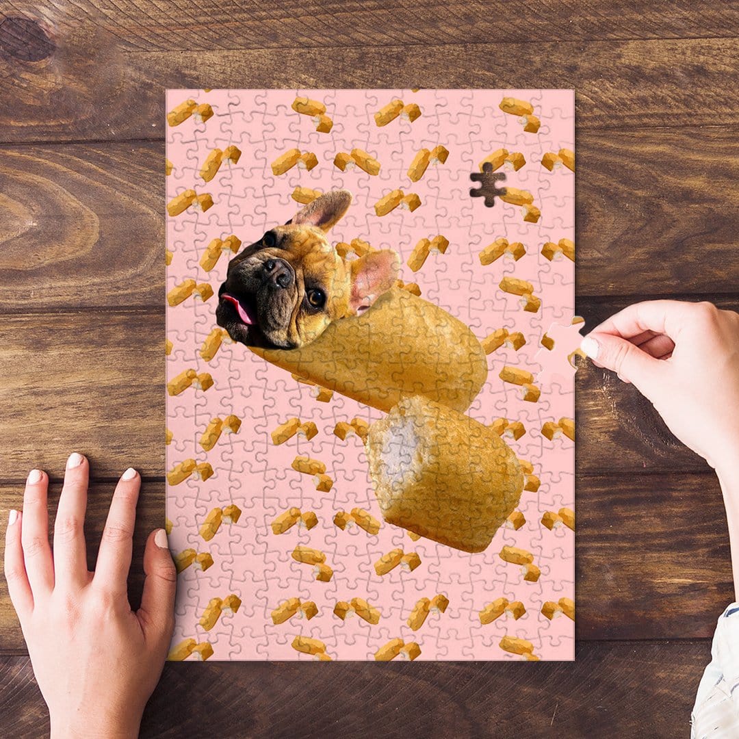 Personalized pet puzzle featuring a French Bulldog as a Twinkie on a pink background.