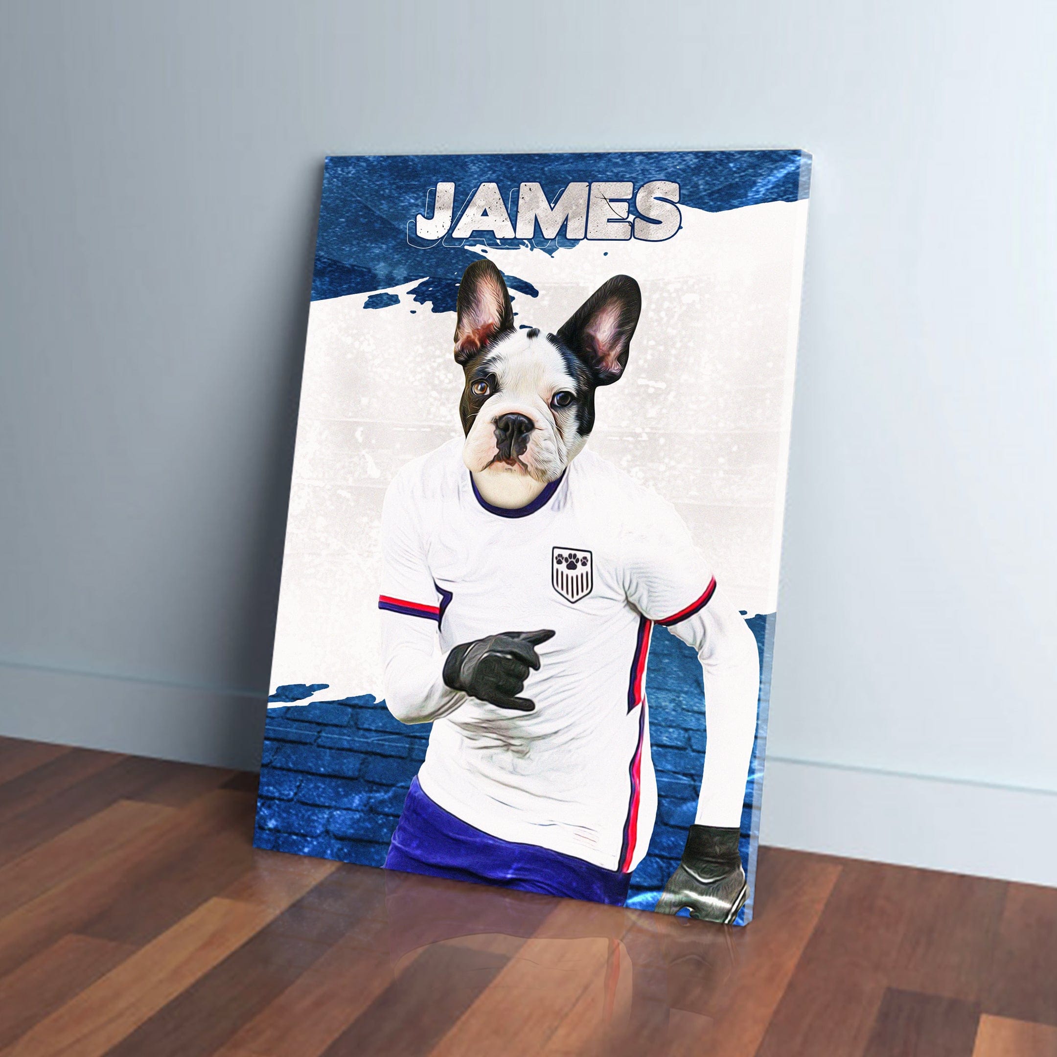 Personalized French Bulldog pet canvas in a USA soccer uniform, with "JAMES" at the top.