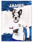 Personalized 'USA Doggos Soccer' poster featuring a French Bulldog in a white US soccer jersey, blue background.