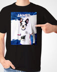 Black Gildan unisex t-shirt with a personalized French bulldog wearing a USA soccer jersey and "JAMES" text.