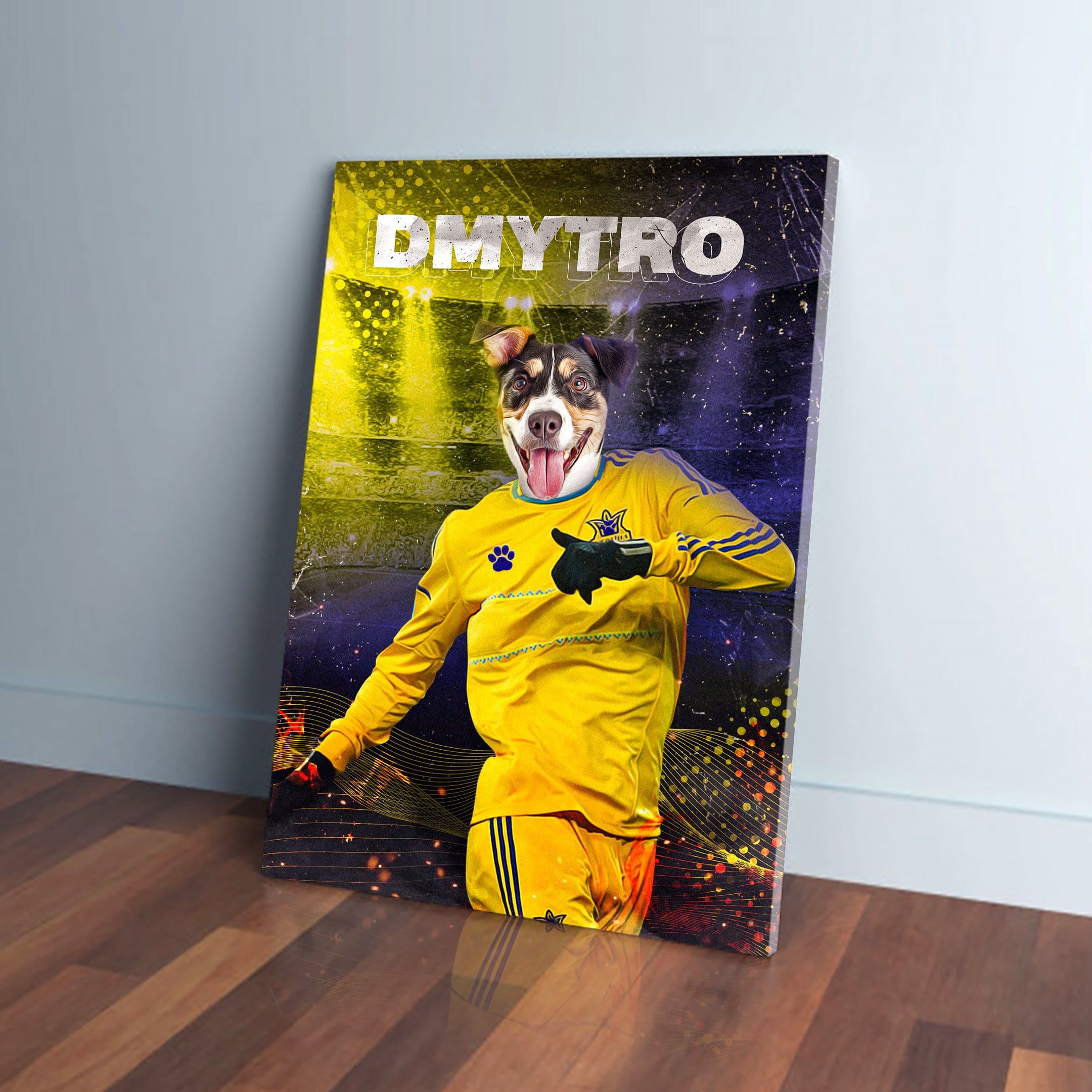 Custom pet canvas featuring a dog's head on a yellow Ukraine Euro football jersey, with "DMYTRO" above.