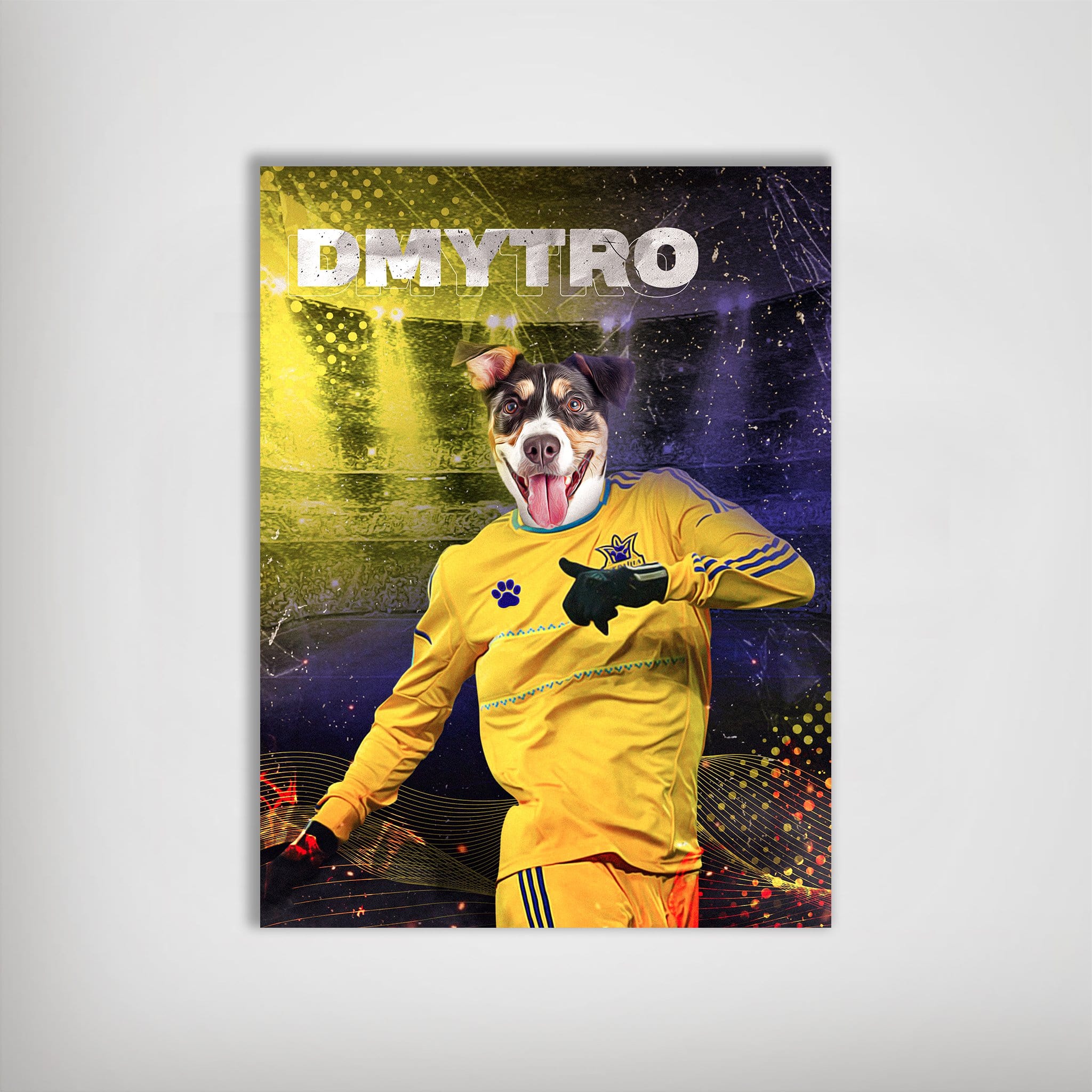 Personalized pet poster featuring a dog's head on a Ukrainian football goalie in a yellow uniform.