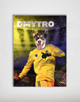 Personalized pet poster featuring a dog's head on a Ukrainian football goalie in a yellow uniform.