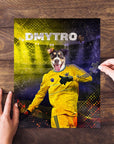 Personalized pet puzzle featuring a dog in a yellow Ukraine football goalie uniform, with "DMYTRO" above.