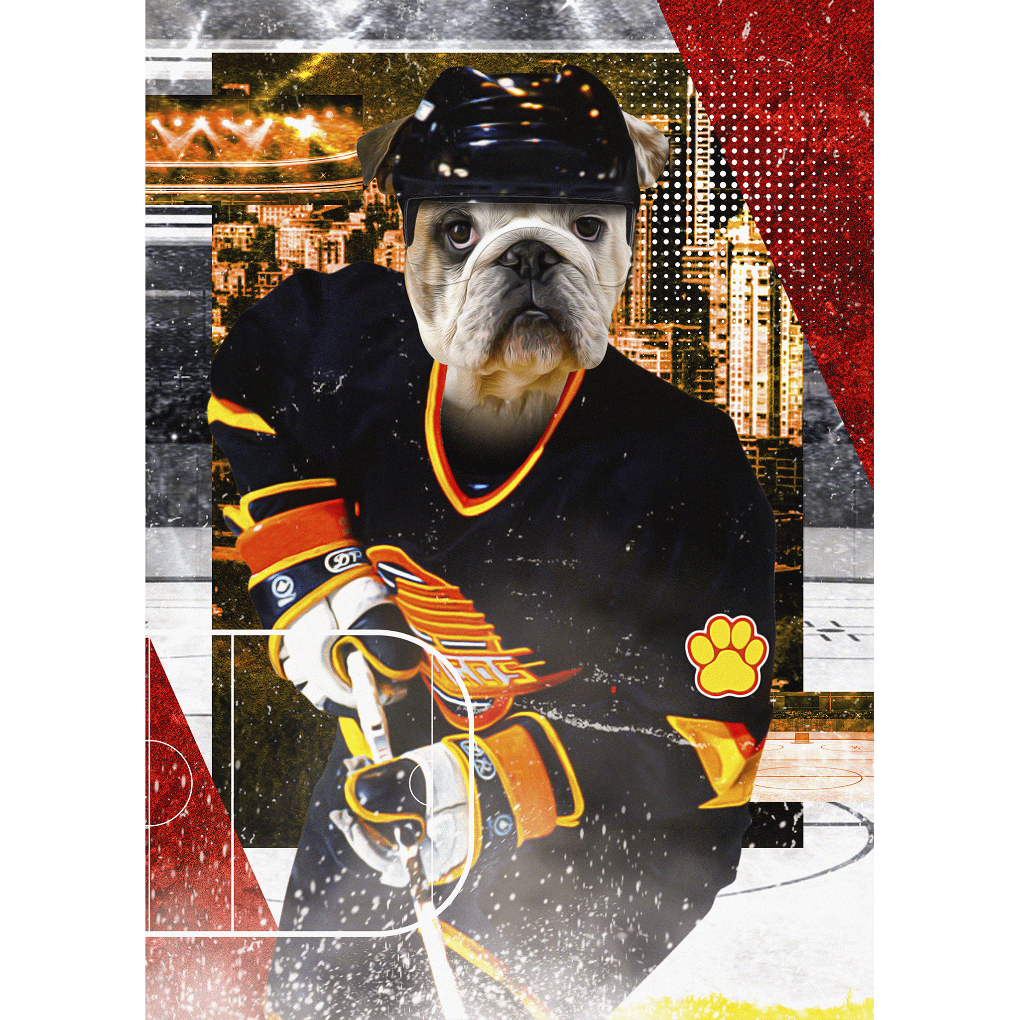 Custom digital portrait of a bulldog in a Vancouver Canucks hockey uniform.
