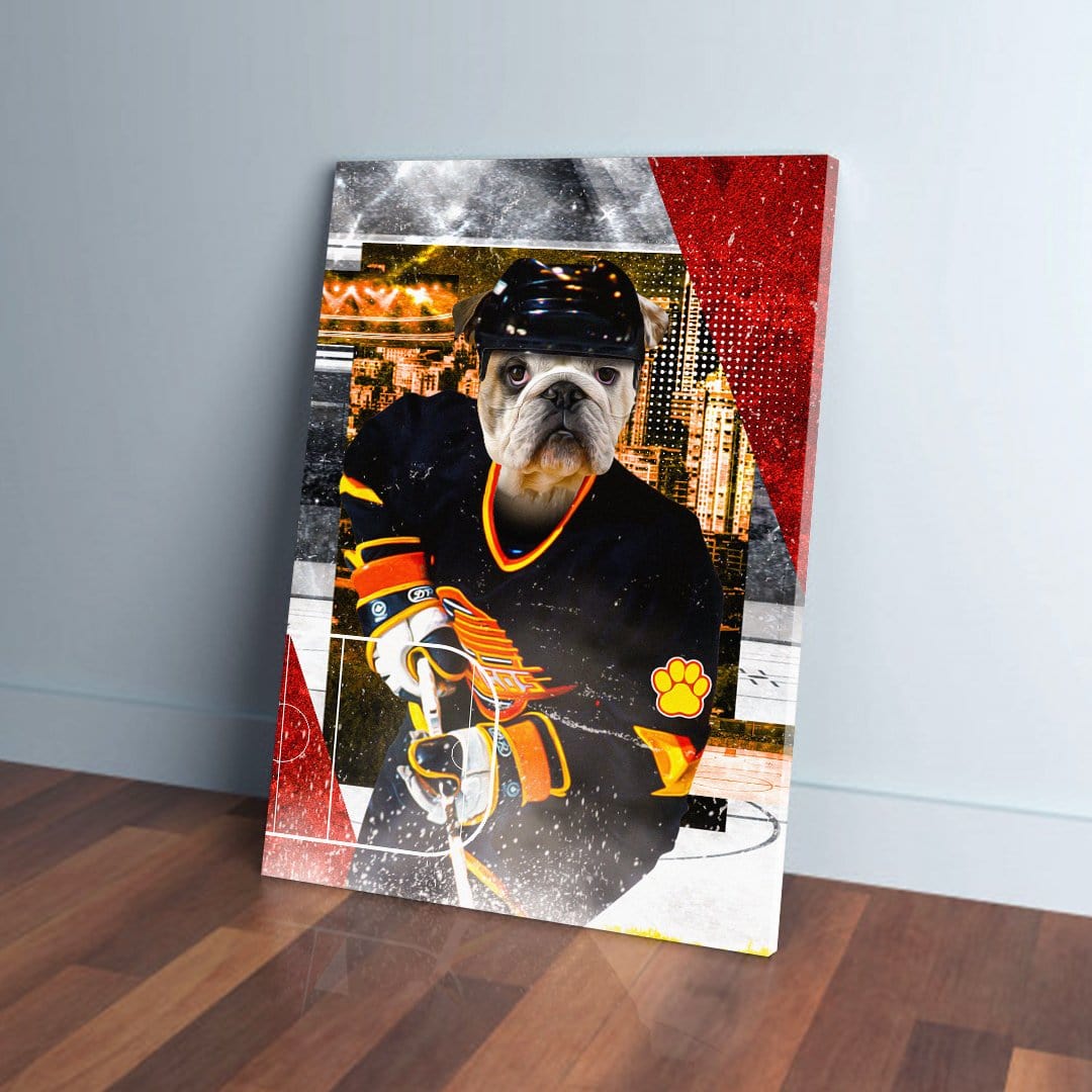 Personalized 'Vancouver Pawnucks' pet canvas featuring a bulldog in a hockey uniform.