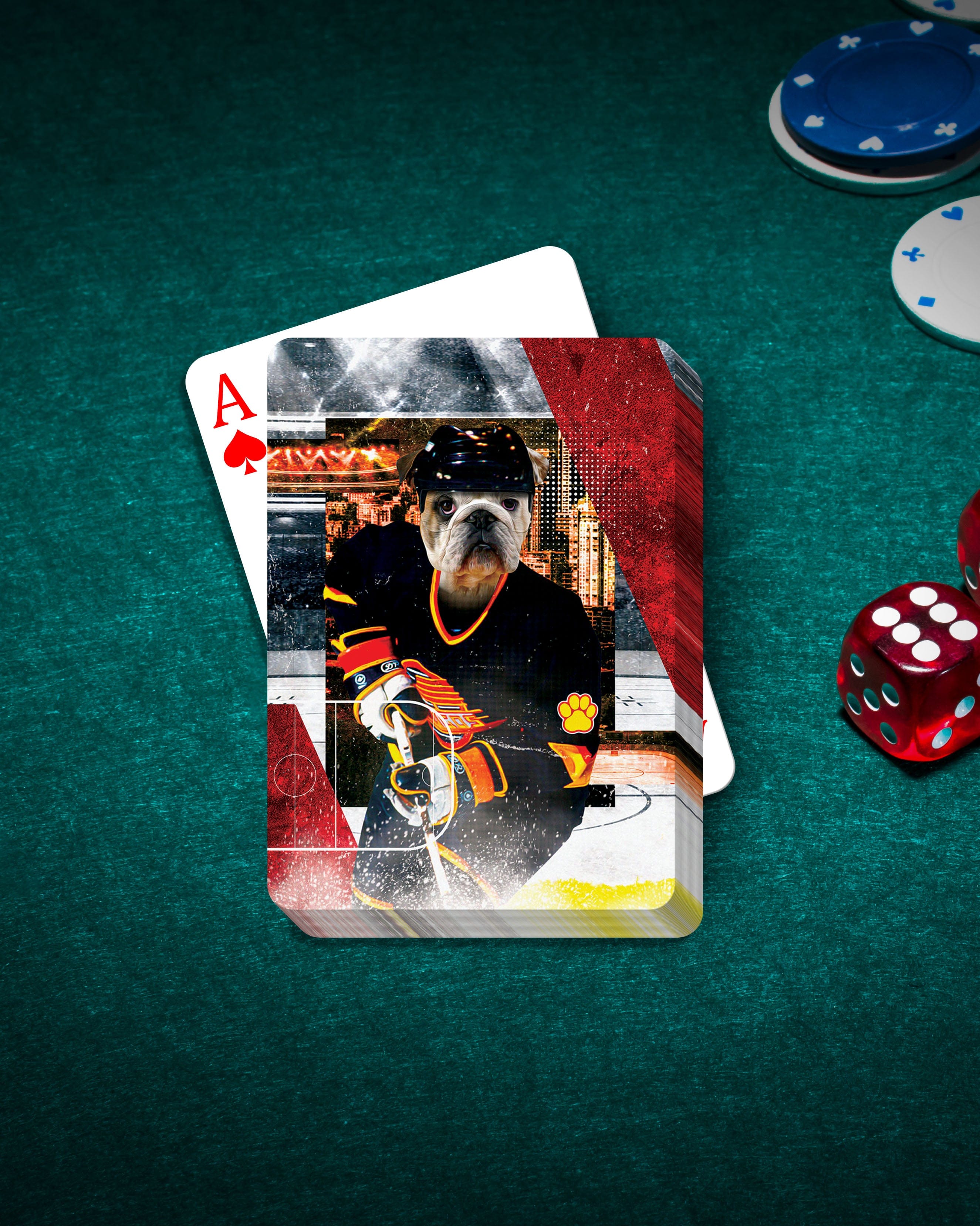 Personalized playing cards featuring a bulldog pet portrait in a hockey uniform, on a green felt table with poker chips and dice.
