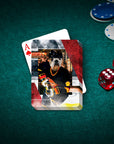 Personalized playing cards featuring a bulldog pet portrait in a hockey uniform, on a green felt table with poker chips and dice.