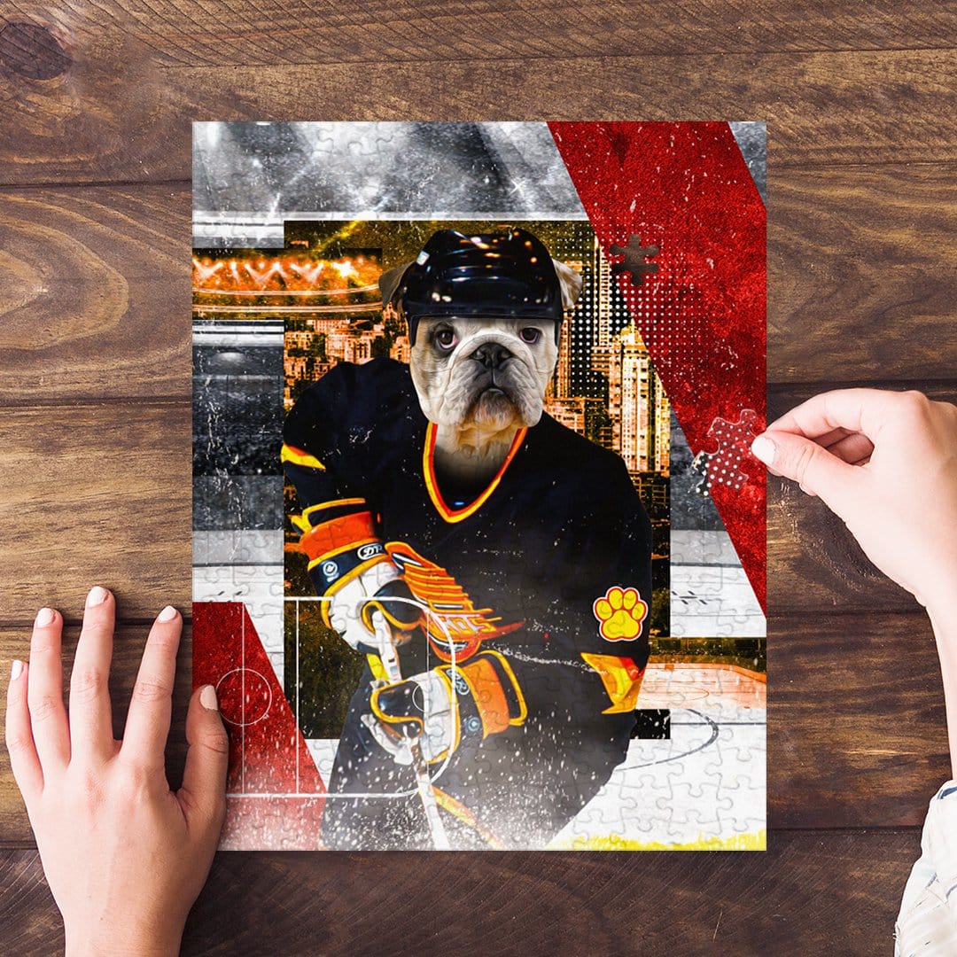 Personalized 'Vancouver Pawnucks' pet puzzle featuring a bulldog in a hockey uniform.