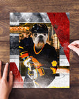 Personalized 'Vancouver Pawnucks' pet puzzle featuring a bulldog in a hockey uniform.