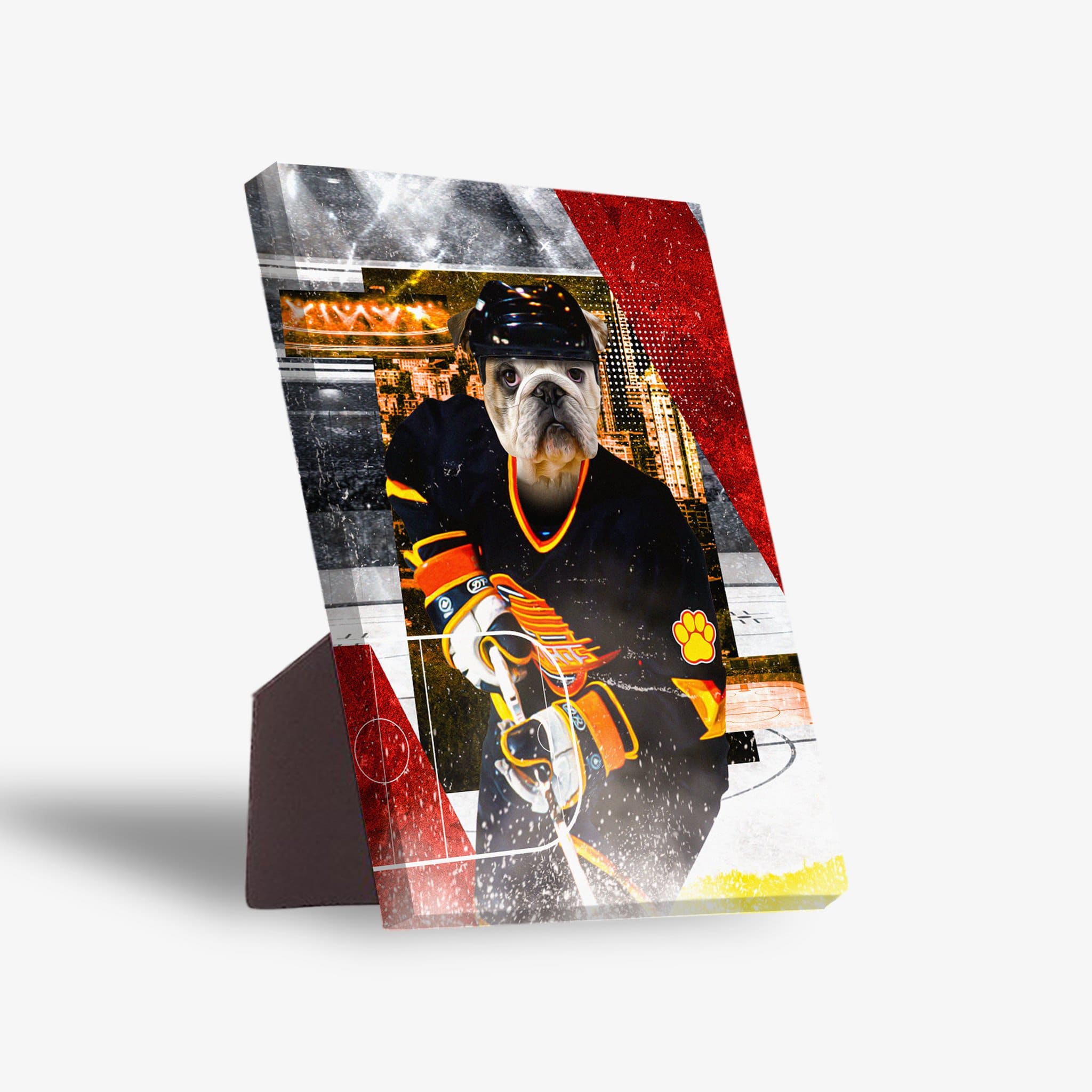 Personalized pet standing canvas featuring a bulldog in a black and orange hockey uniform.