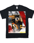 Black Gildan t-shirt with a bulldog in a black and yellow hockey jersey, holding a stick, on an abstract rink background.
