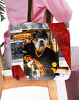 Personalized tote bag with a bulldog pet portrait in a hockey uniform.