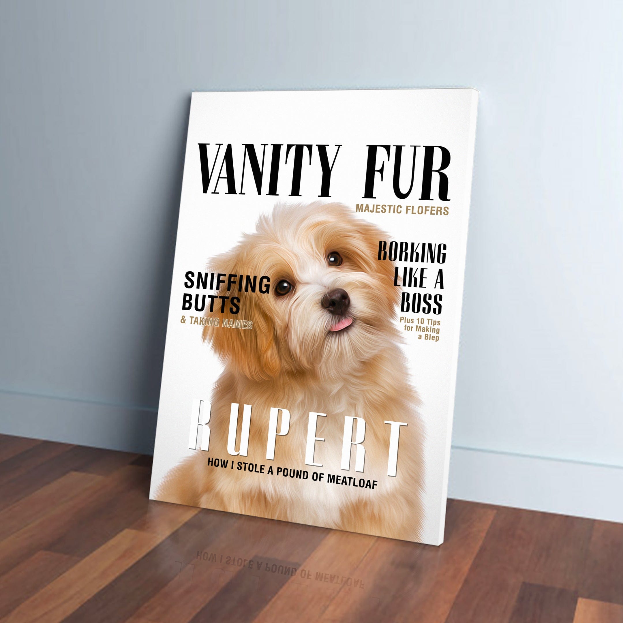 Personalized pet canvas featuring a cute light brown puppy on a magazine cover design.