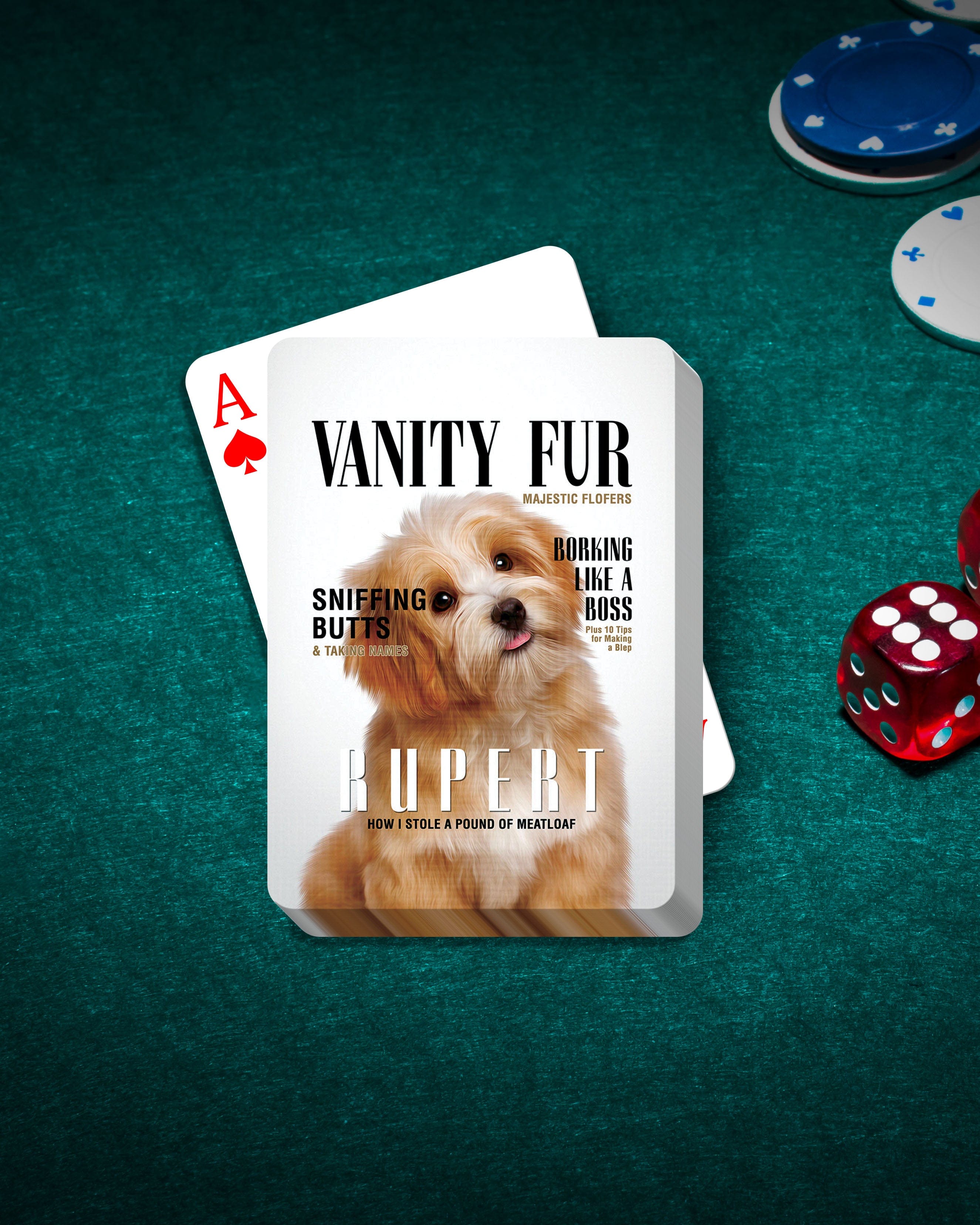 Personalized pet playing cards featuring a dog portrait in a "Vanity Fur" magazine style on a green felt table.