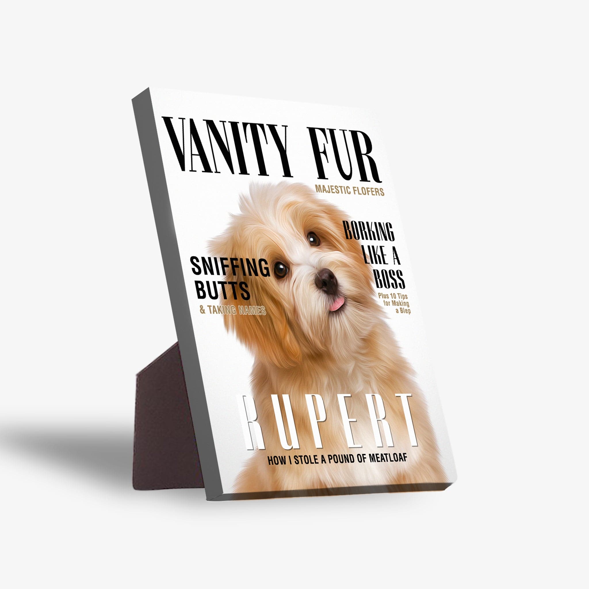 Personalized pet standing canvas featuring a light brown dog on a "Vanity Fur" magazine cover.
