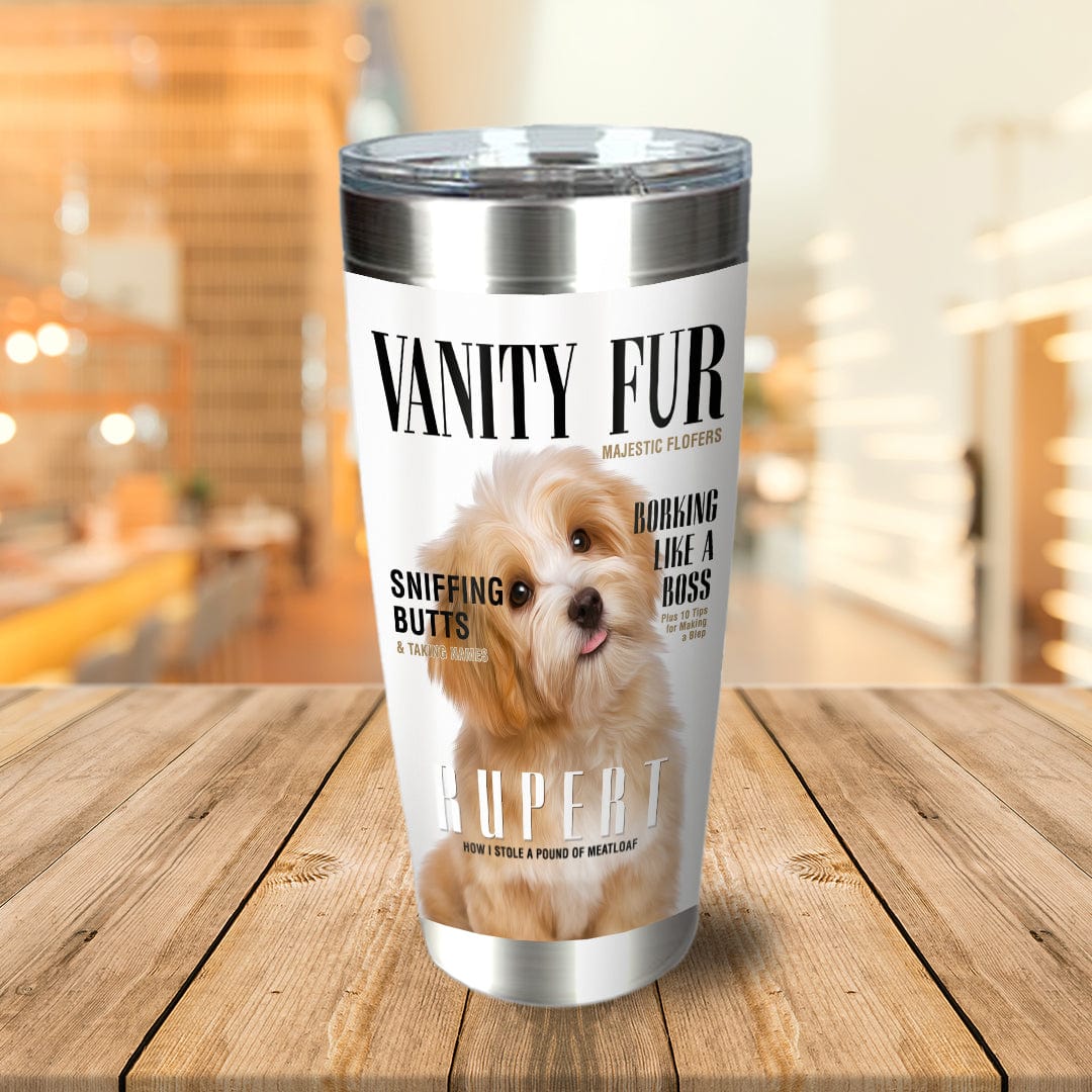 Personalized stainless steel tumbler with a custom portrait of a fluffy light brown dog and magazine-style text.