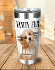 Personalized stainless steel tumbler with a custom portrait of a fluffy light brown dog and magazine-style text.