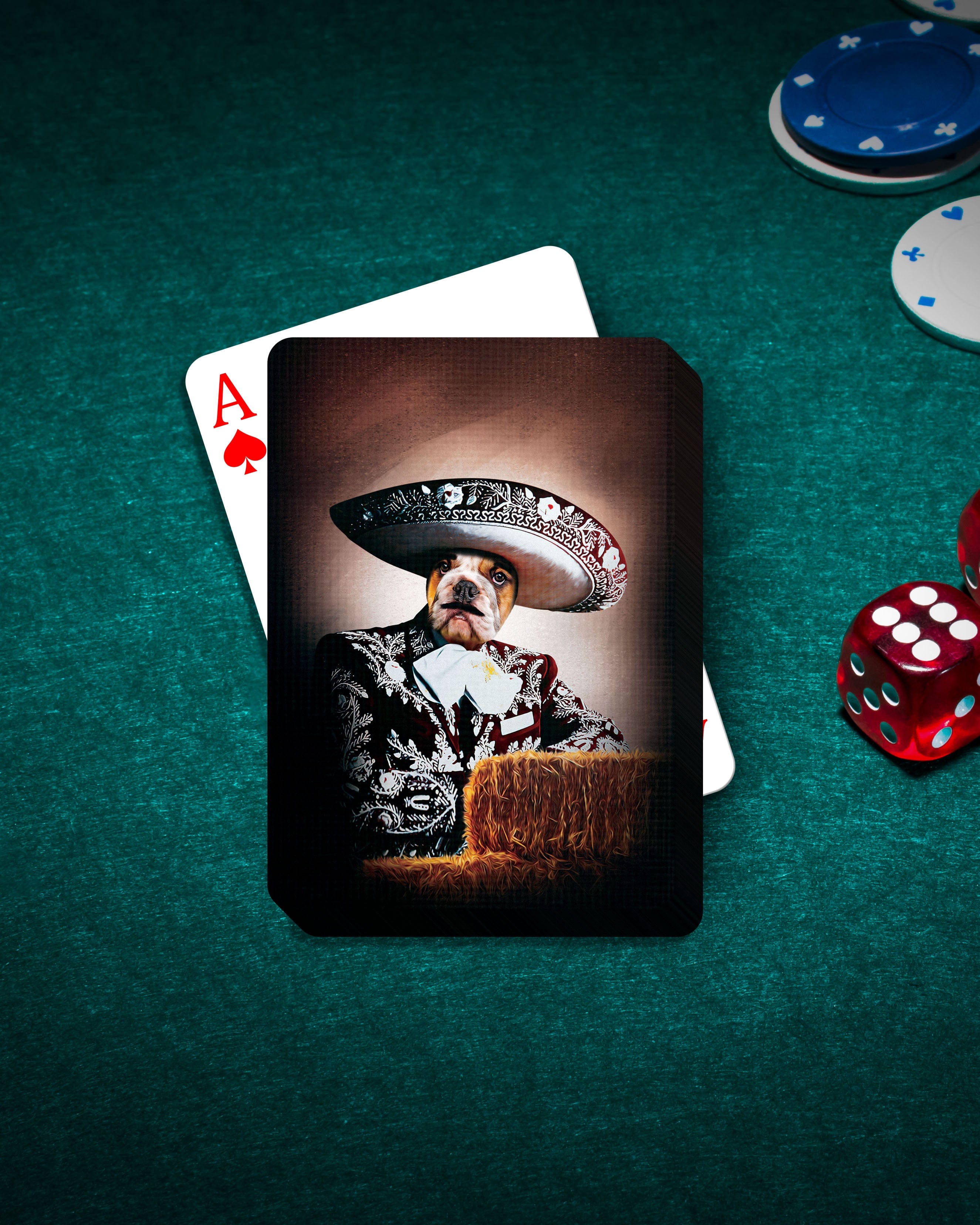 Personalized pet playing cards featuring a dog in a mariachi outfit and sombrero on a green poker table.