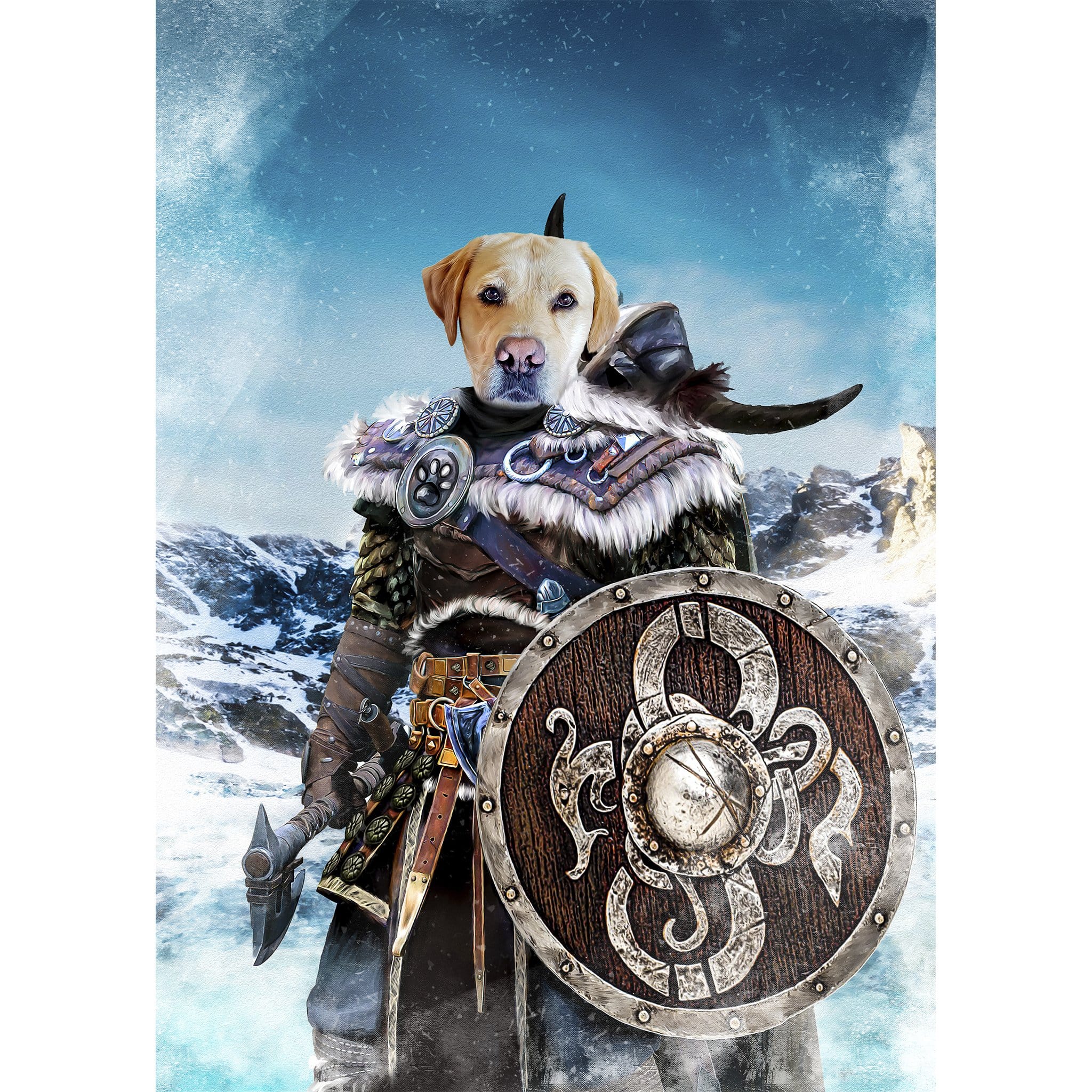 Personalized digital portrait of a yellow lab dog as a Viking warrior with shield and axe.