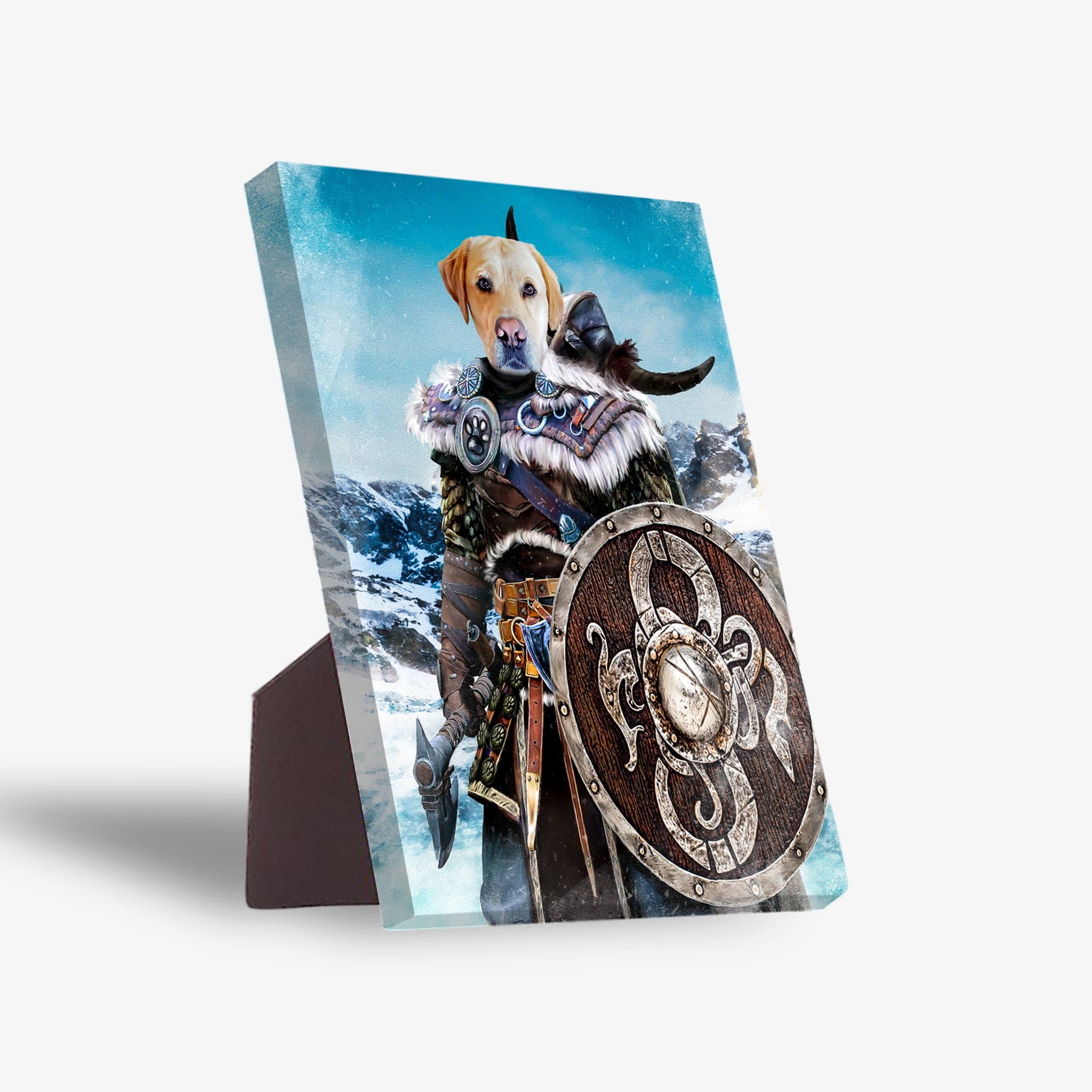 Golden retriever's face on a Viking warrior canvas with shield and axe, standing against a snowy mountain backdrop.