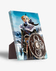 Golden retriever's face on a Viking warrior canvas with shield and axe, standing against a snowy mountain backdrop.