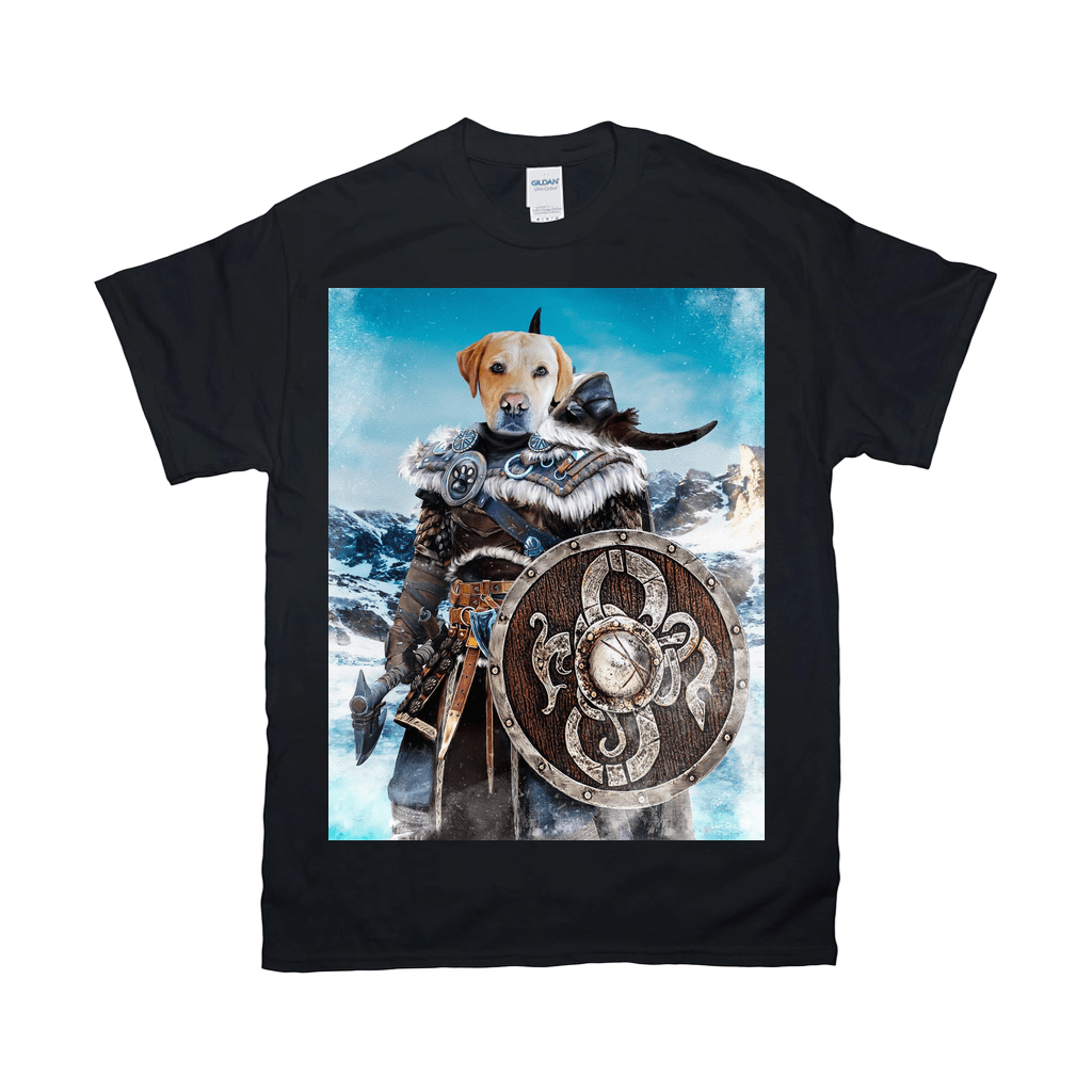 Black Gildan t-shirt with a personalized Viking warrior dog design, featuring a brown dog holding a shield.