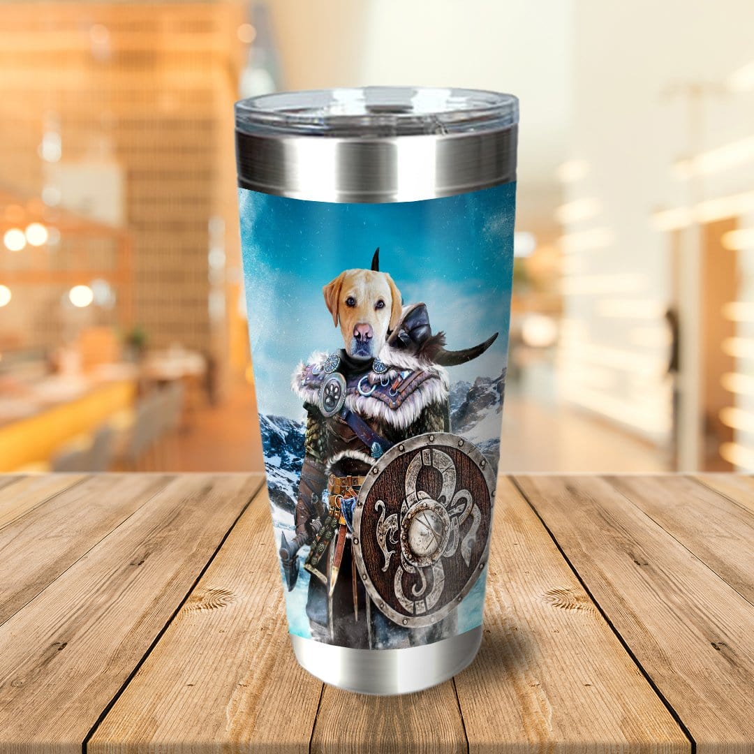 Personalized stainless steel tumbler with a golden retriever pet portrait as a Viking warrior.