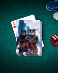 Personalized playing cards featuring two dogs as Viking warriors on a green poker table.