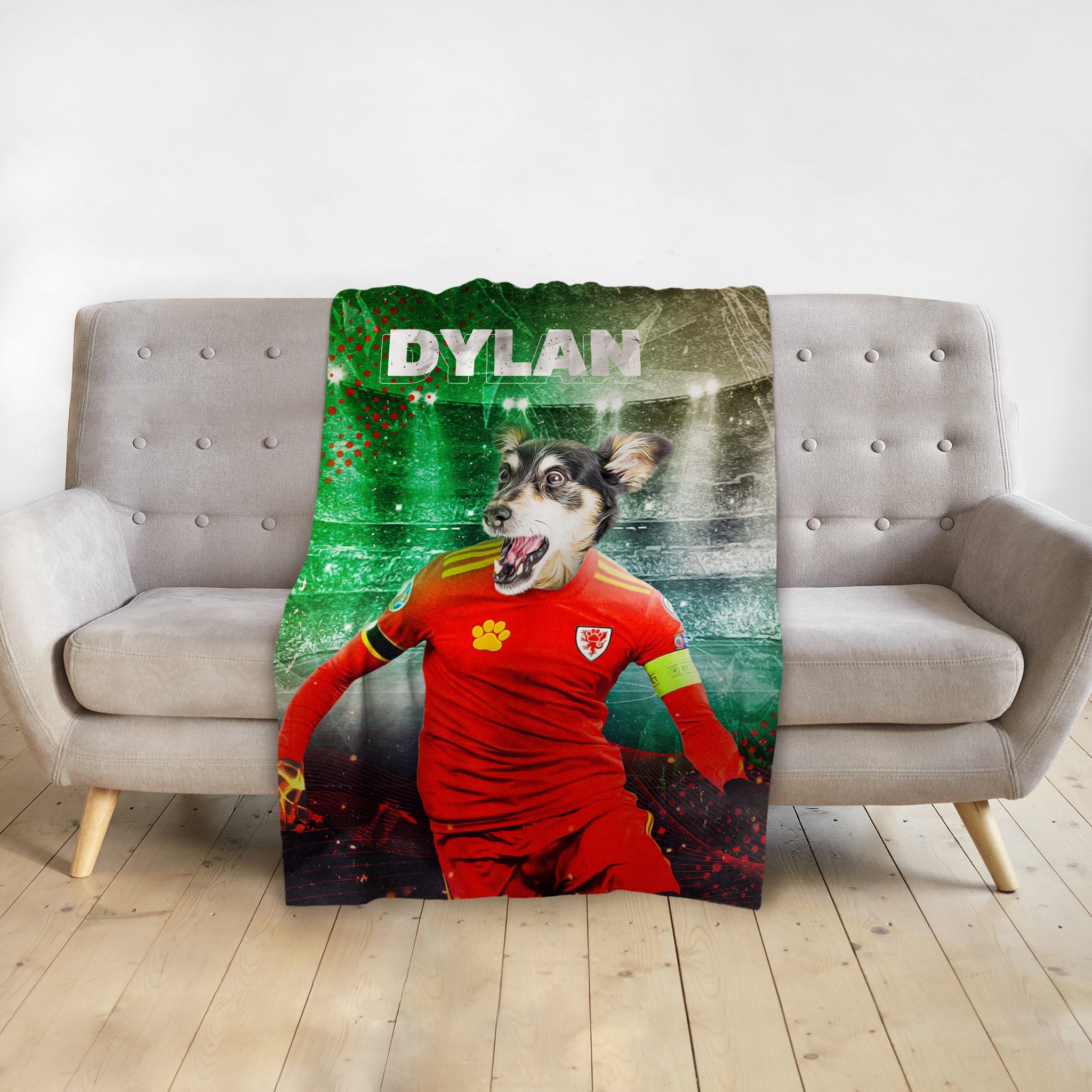 Personalized pet blanket with a dog's head on a Welsh football player's body, stadium background, and "DYLAN" text.