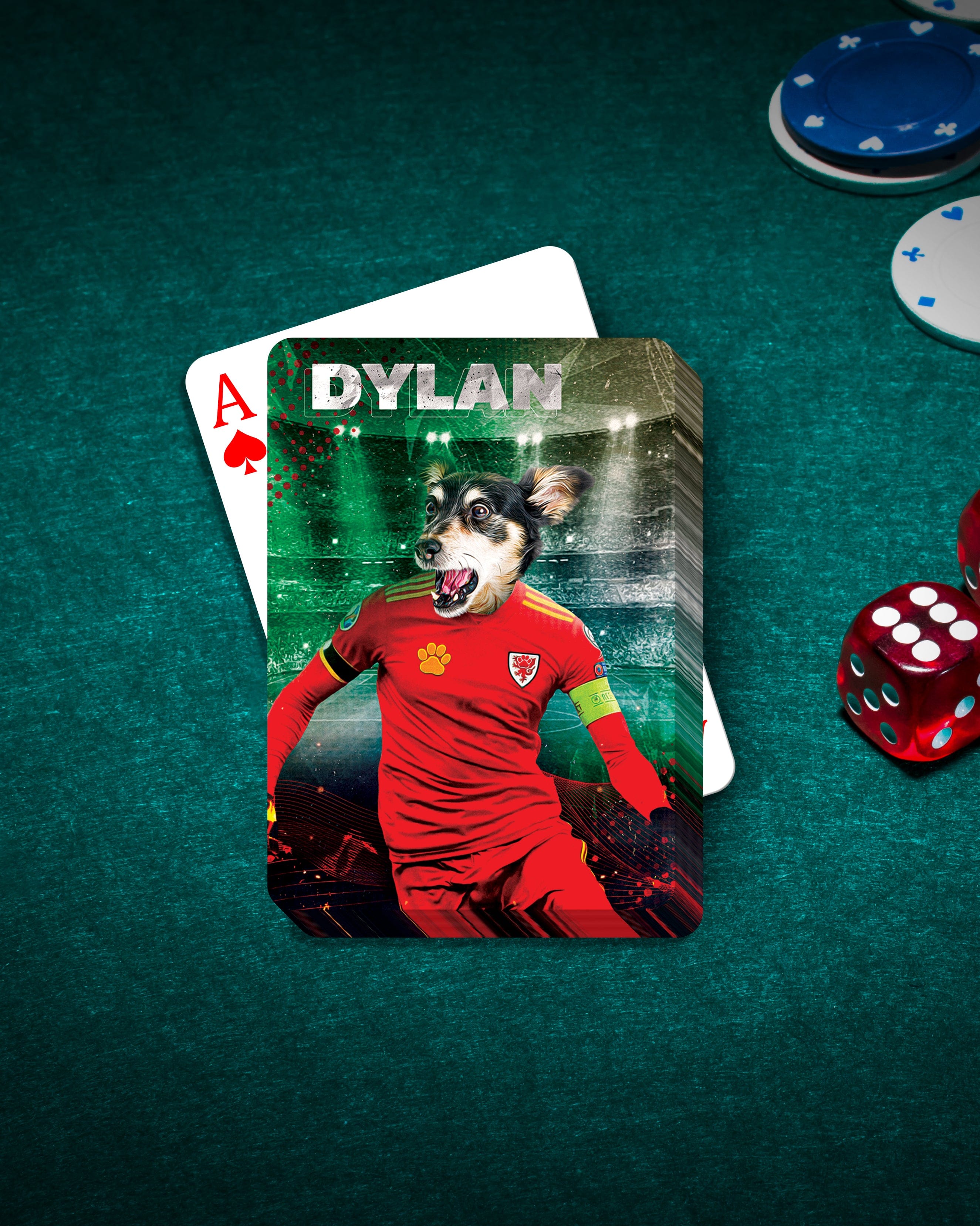 Personalized pet playing cards featuring a dog in a red Wales soccer uniform on a green poker table.