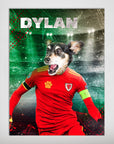 Personalized pet poster featuring a dog in a red Wales soccer jersey, with "DYLAN" above a stadium background.