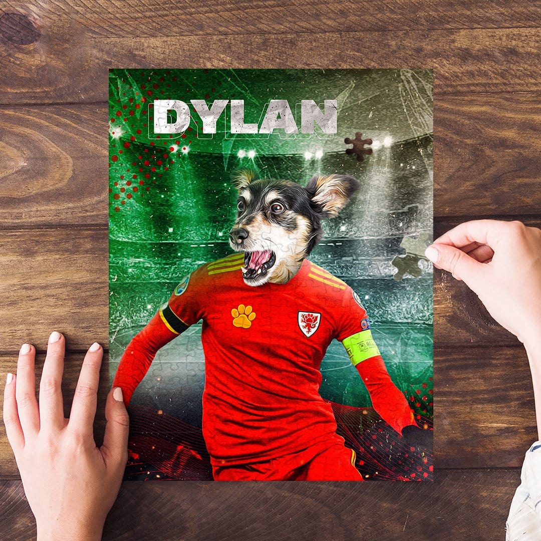 Personalized pet puzzle featuring a dog in a red Wales soccer jersey, with the name DYLAN.