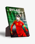 Personalized pet standing canvas featuring a dog in a red Wales soccer jersey on a stadium background.