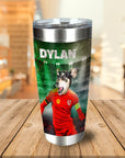 Personalized stainless steel tumbler with a dog in a red soccer uniform on a green stadium background.