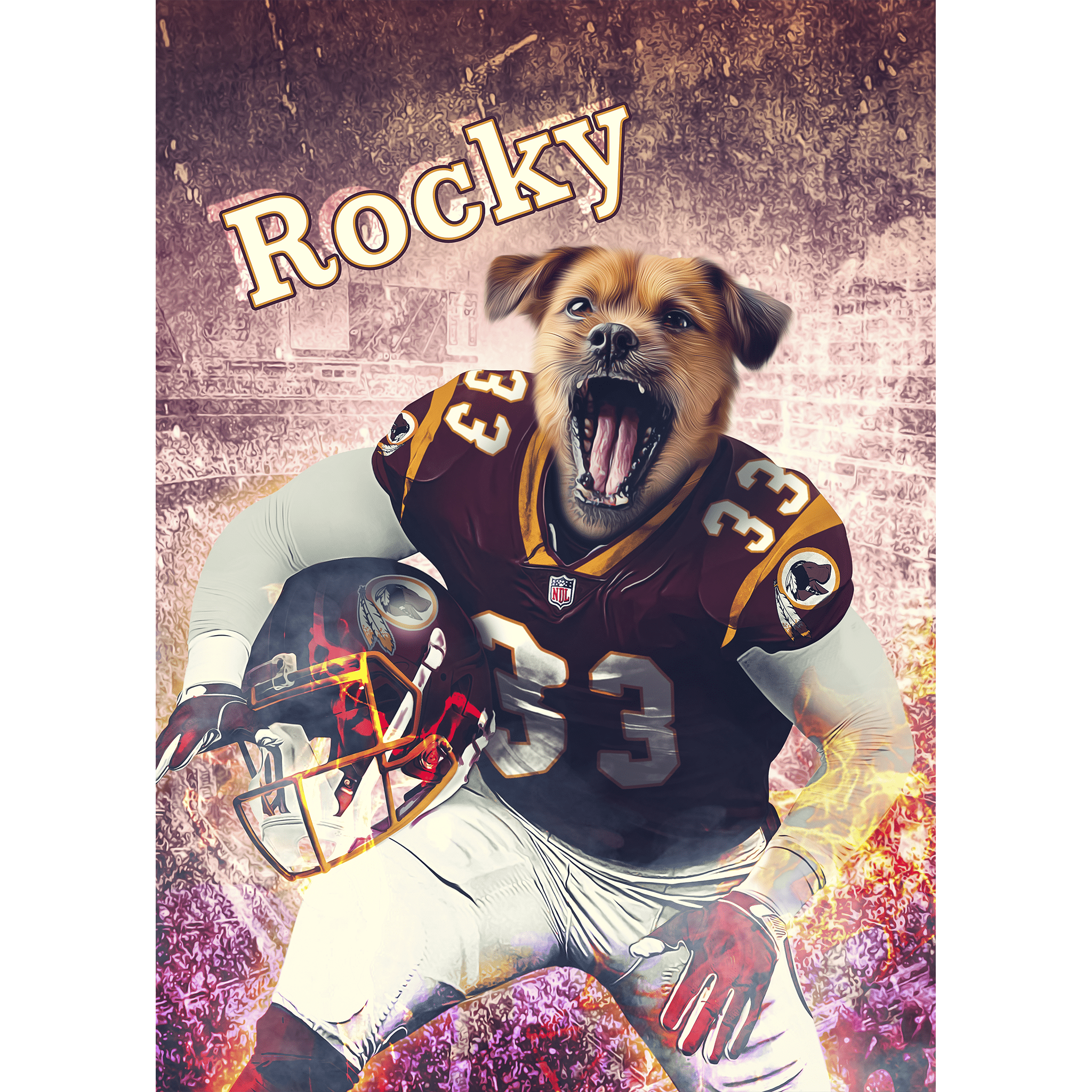 Custom digital portrait of a dog named Rocky in a Washington Commanders football uniform.