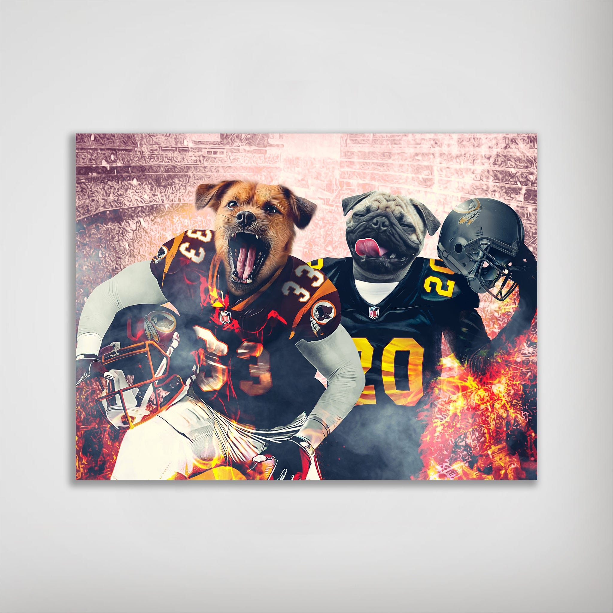 Personalized 'Washington Doggos' poster featuring two pets as football players in team jerseys.