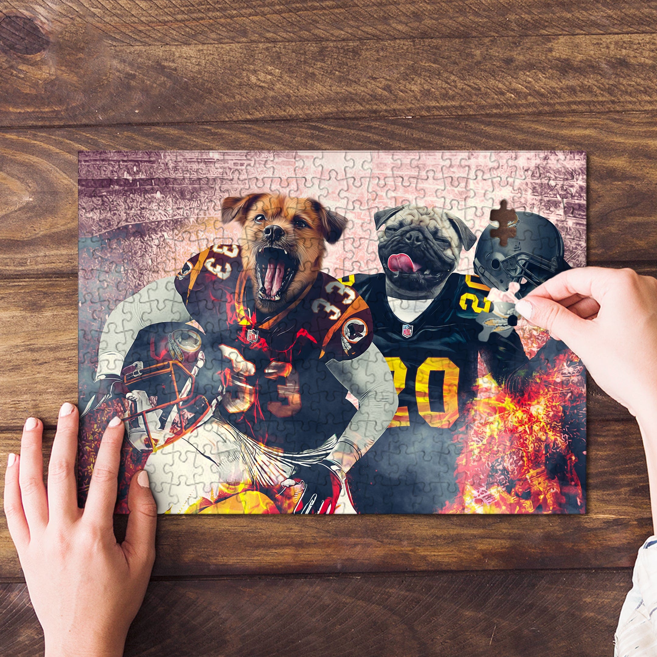 Personalized 2 pet puzzle featuring dogs in football uniforms with a fiery background.