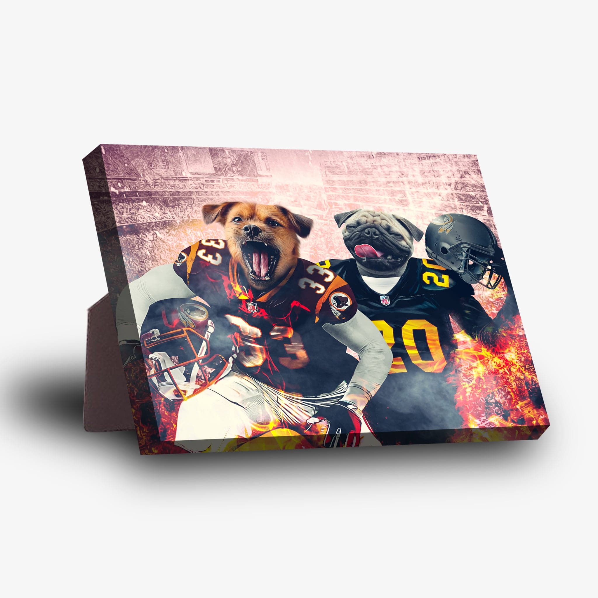Personalized 'Washington Doggos' standing canvas featuring two pets in football uniforms with a fiery background.